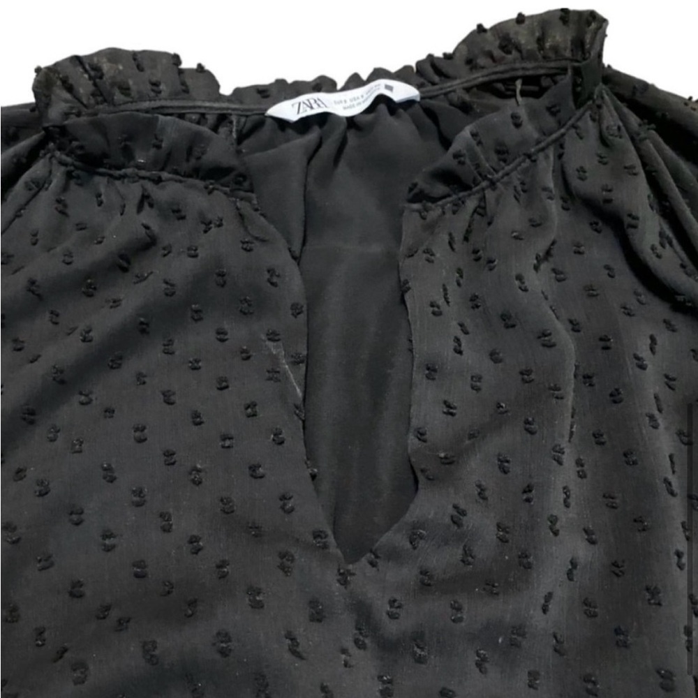 Zara Swiss Dot, Neck Ruffled, Sheer Sleeve, Mini Short Dress, Black, Size M - Picture 4 of 10